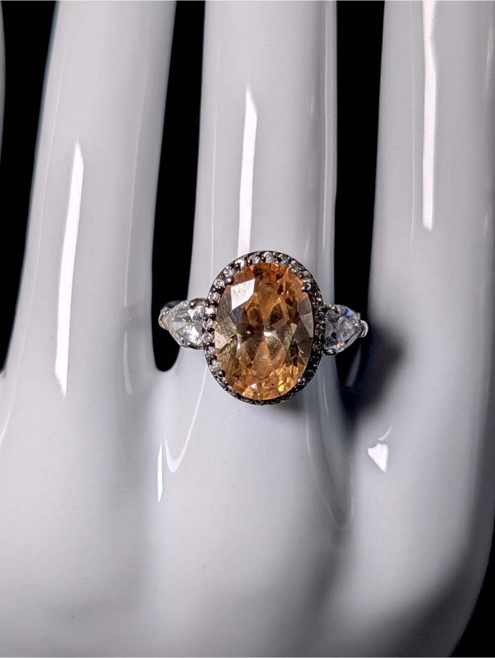 Vintage Inspired Simulated Citrine and Cubic Zirconia Statement Sterling Ring